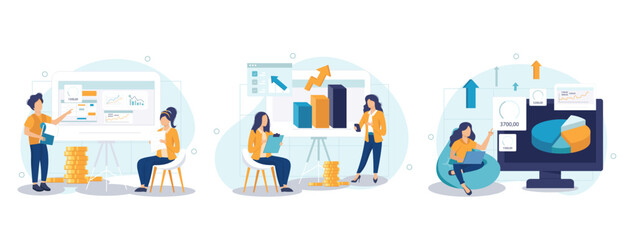 Obraz premium Business process concept isolated person situations. Collection of scenes with people colleagues analyze data, create success strategy, collaborate. Vector illustration in flat design 