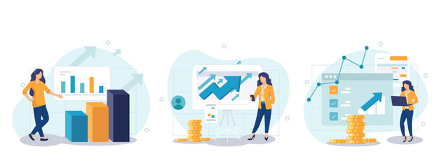Business growth collection of scenes isolated. People analyze financial data, successful strategy, set in flat design. Vector illustration for blogging, website, mobile app, promotional materials	
