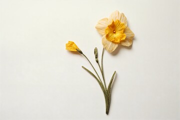 Naklejka na ściany i meble Handcrafted Narcissus Embroidery on White Canvas, Generative AI