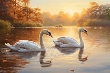 Fototapeta premium Autumn Serenity: Swans on a Lake at Sunset, Generative AI