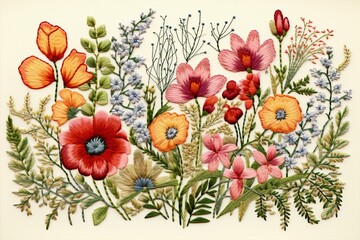 Wildflower Whimsy: Messy Field Floral Embroidery on White Backgr