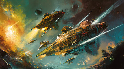 Space ships battle over alien planet in 80s books style. Retro science fiction illustration. - obrazy, fototapety, plakaty