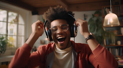 Happy funny gen z hipster African American teen guy wearing headphones dancing at home, listening...