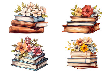 Collection of a stack of books clipart on transparent background, watercolor design elements. PNG file.