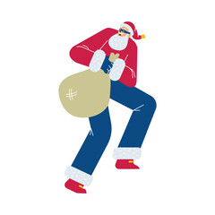 Santa Claus sneaks with bag of gifts, cartoon flat vector illustration isolated.