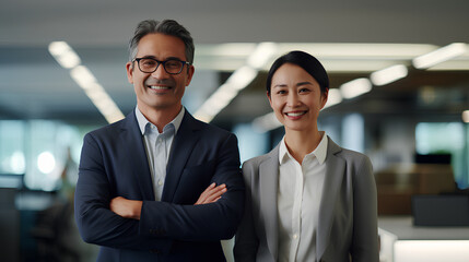 Happy confident professional mature business man and Asian business woman corporate leaders managers standing in office, two diverse colleagues executives team together, vertical portrait 