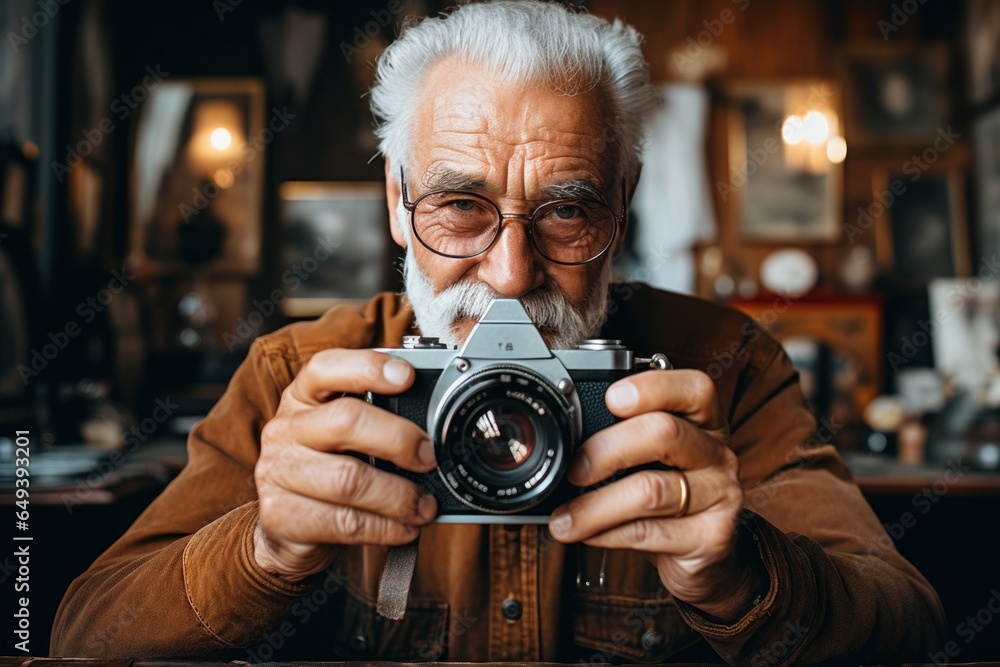 Poster a man is seen taking a picture with a camera. this image can be used to illustrate photography, tech