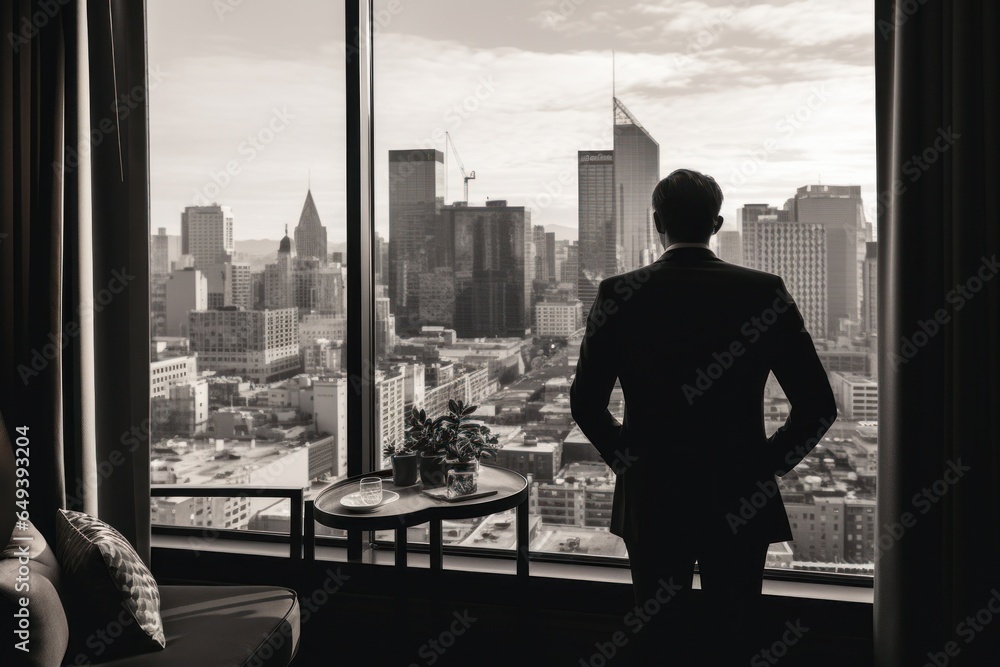Poster a man standing in front of a window, gazing out at a bustling city. this image can be used to depict