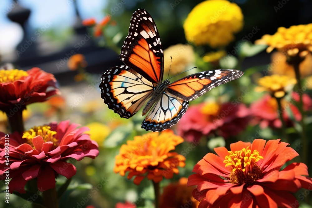 Poster a beautiful butterfly gracefully flies over a vibrant field of colorful flowers. this image captures