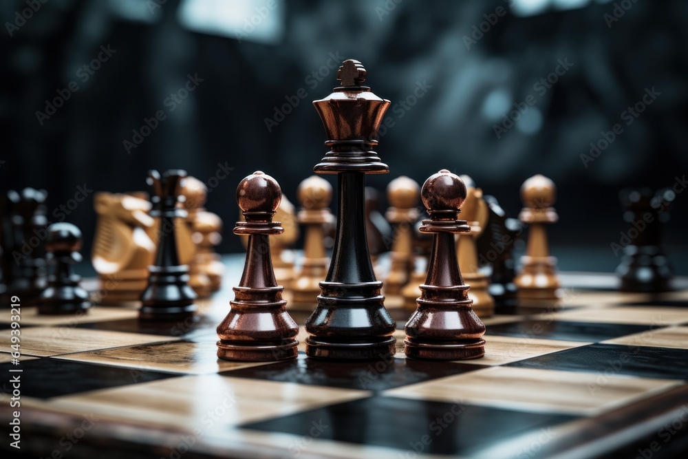 Poster a photograph of a chess board with chess pieces. this image can be used for illustrating strategic p