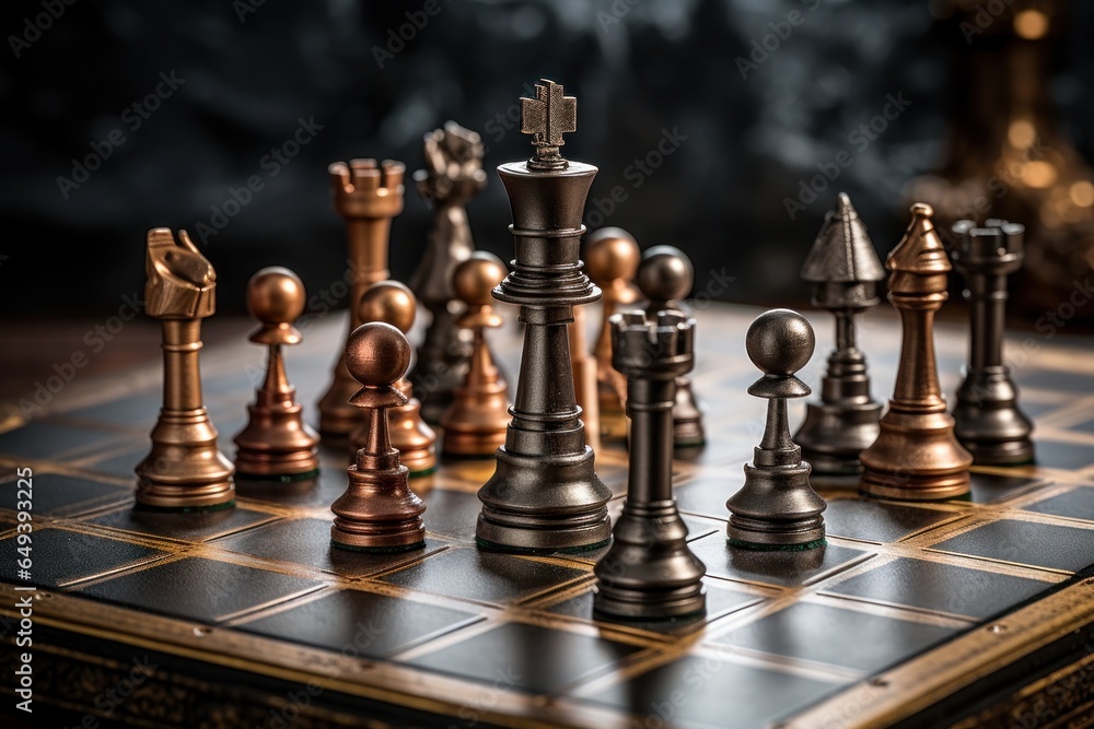 Aufkleber a detailed close-up of a chess board with numerous chess pieces. this image can be used to depict st