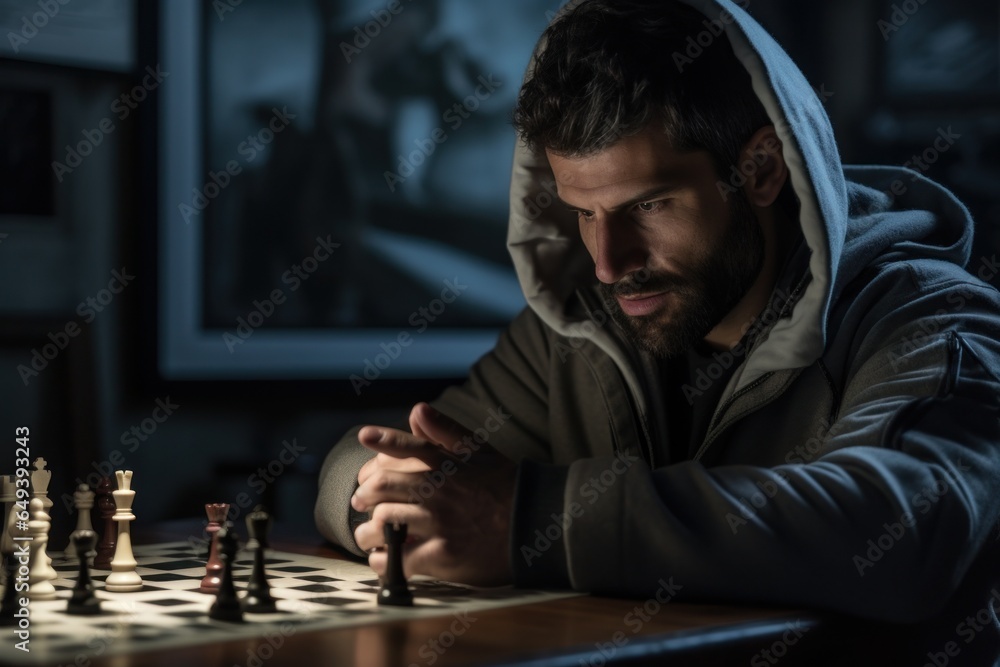 Poster a man sitting at a table, engaged in a game of chess. this image can be used to depict strategic thi