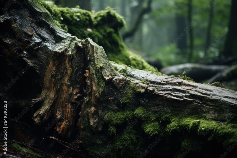 Poster a moss covered tree trunk in a serene forest. perfect for nature-themed designs and environmental co
