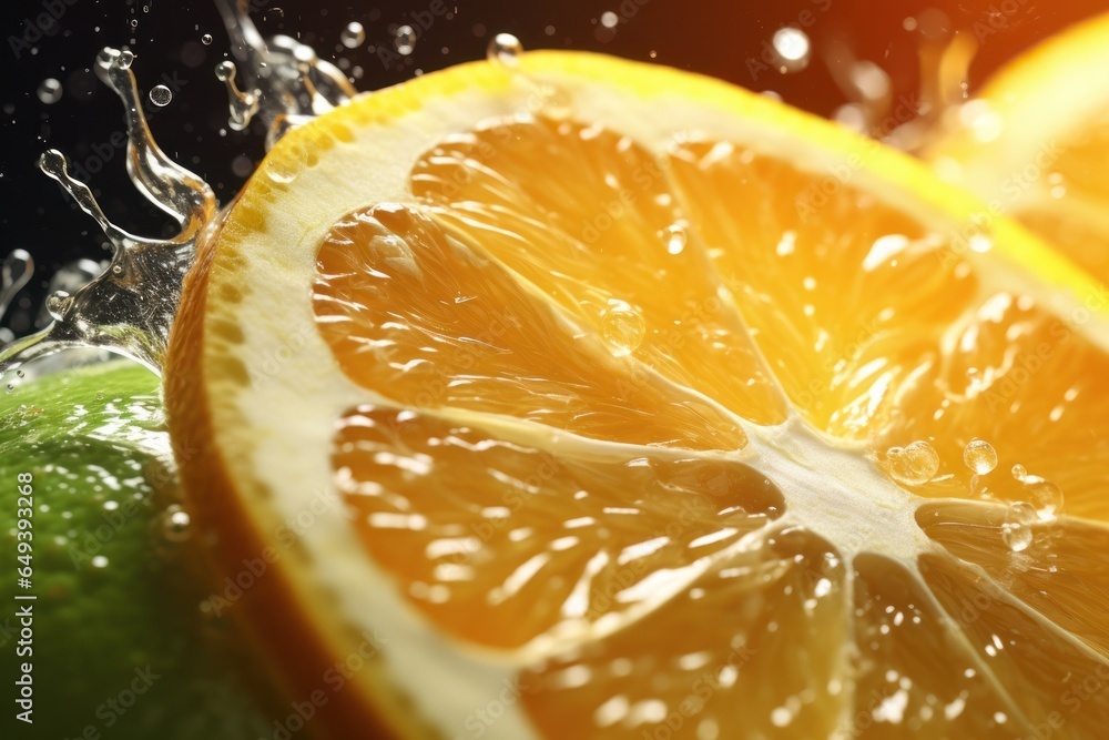 Aufkleber A detailed close-up of a slice of orange with water splashing on it. This vibrant image captures the refreshing and juicy nature of the fruit. Perfect for food and beverage related projects, such as r