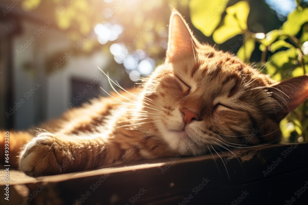 Poster a peaceful image of a cat peacefully sleeping on a ledge outside. this image can be used to depict r