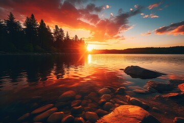 A beautiful sunset over a serene lake surrounded by rocks and trees. Perfect for nature and landscape photography, travel brochures, and relaxation-themed designs.