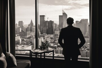 A man standing in front of a window, gazing out at a bustling city. This image can be used to depict urban life, contemplation, or daydreaming.