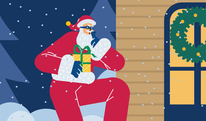 Christmas banner or poster with Santa Claus cartoon flat vector illustration.