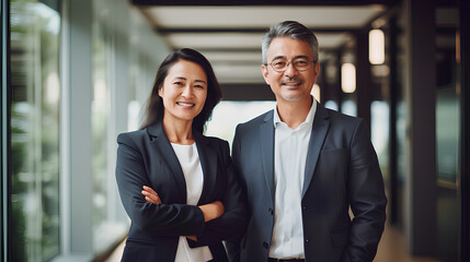 Happy confident professional mature business man and Asian business woman corporate leaders managers standing in office, two diverse colleagues executives team together, vertical portrait 