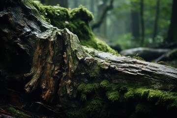 A moss covered tree trunk in a serene forest. Perfect for nature-themed designs and environmental concepts.