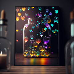 Valentine's Day card with shiny hearts in the frame. Lava lamp or glass styled hearts composition for romantic holidays. ,.