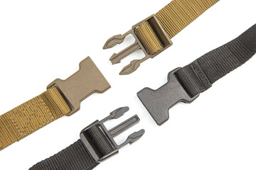 Fastex plastic clip for backpacks, bags, nylon belts on a white background. items and accessories...
