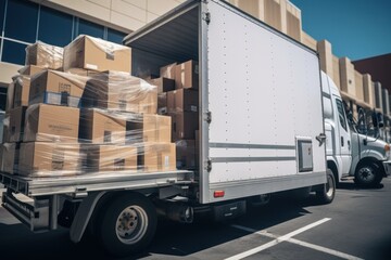 "Truck with Boxes", "A picture of a truck with a large number of boxes loaded in the back. This image can be used to represent transportation, logistics, delivery, moving, or storage.