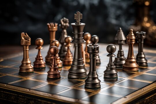 A detailed close-up of a chess board with numerous chess pieces. This image can be used to depict strategic planning, critical thinking, or a competitive game of chess.