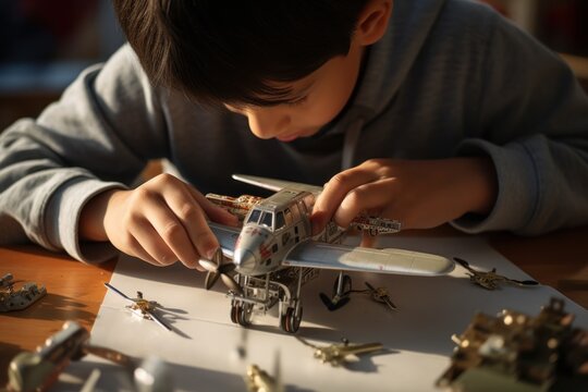 A young boy is focused on building a model airplane. This image can be used to depict hobbies, craftsmanship, or childhood activities.