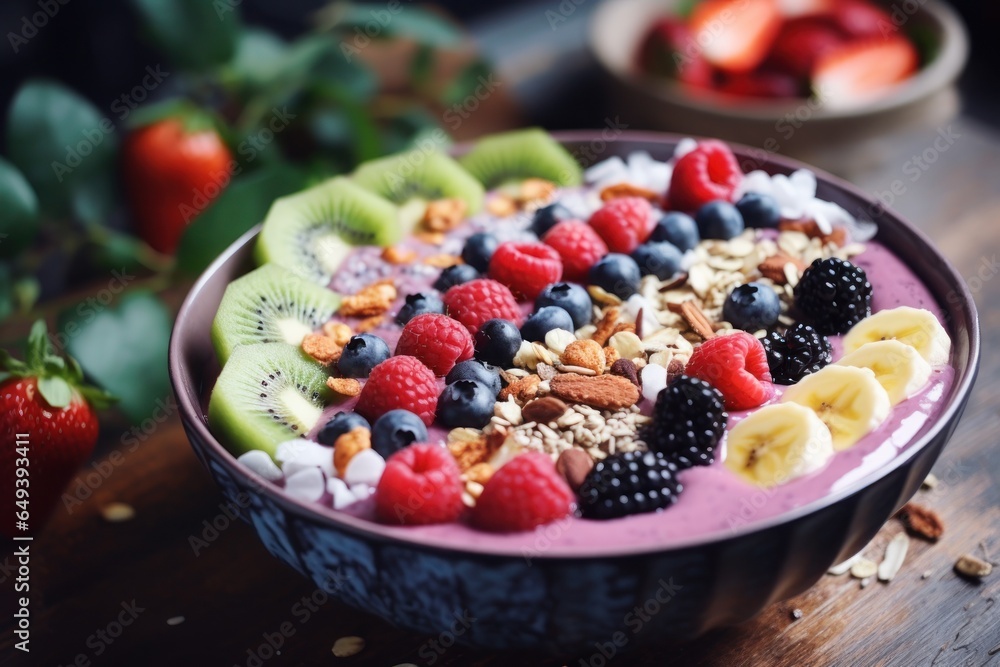 Poster a bowl of yogurt topped with a colorful assortment of fresh fruit and crunchy nuts. this picture can