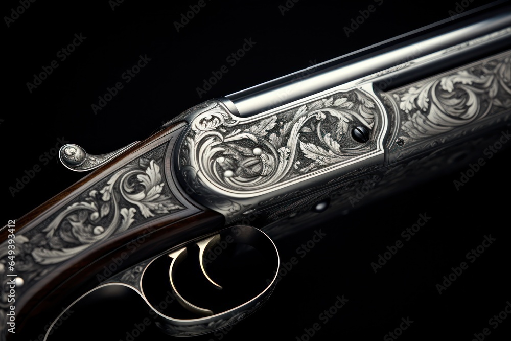 Poster a detailed close-up view of a gun against a black background. this image can be used to illustrate t