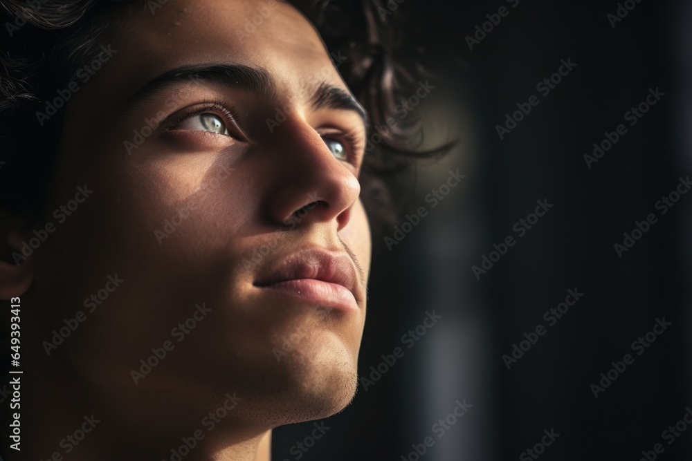 Poster a close-up shot capturing a person's face as they gaze upwards. perfect for illustrating curiosity, 