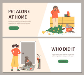 Banner or flyer set with pets staying alone at home flat vector illustration.