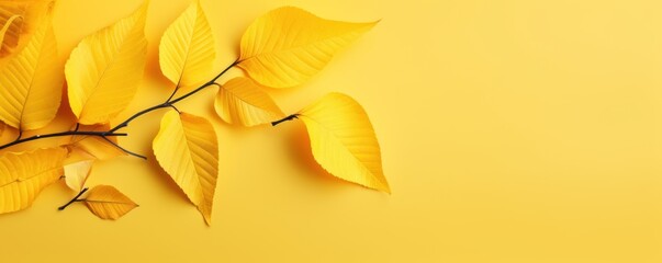 Yellow autumn leaves on a yellow background. Autumn banner. Generative AI