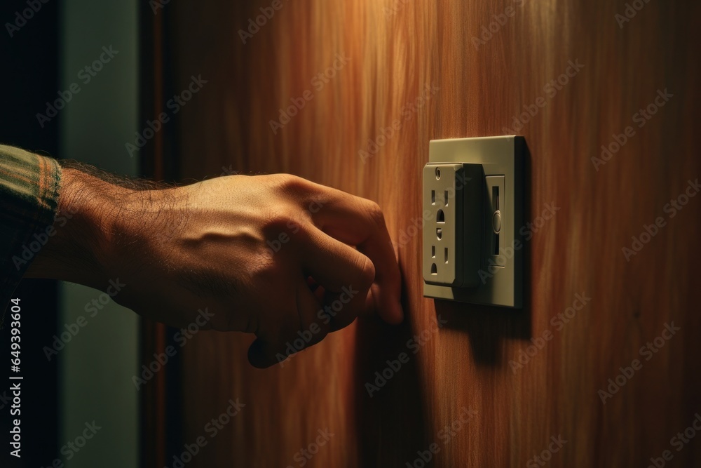 Poster a person's hand is pressing a button on a wooden door. this image can be used to illustrate concepts
