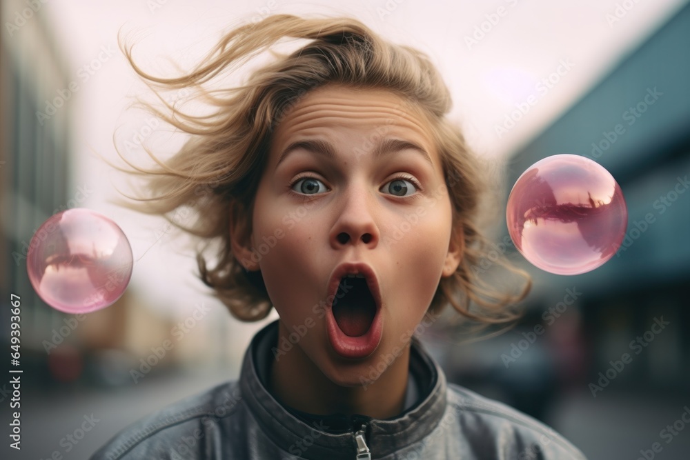 Poster a young woman blowing bubbles into the air. this image can be used to add a sense of joy and playful