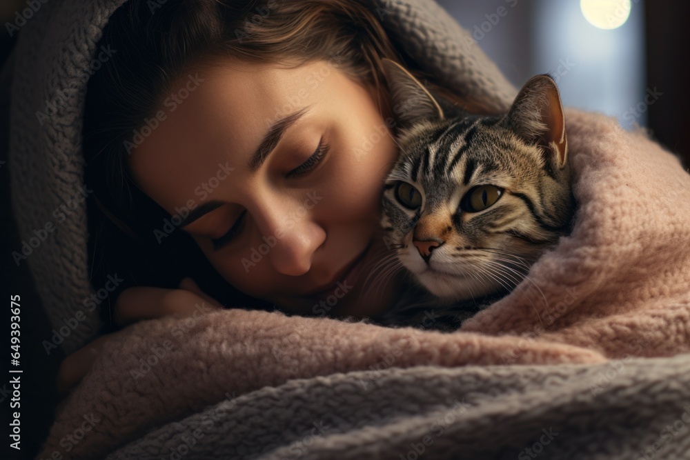 Poster a woman is pictured cuddling a cat that is wrapped in a blanket. this heartwarming image can be used
