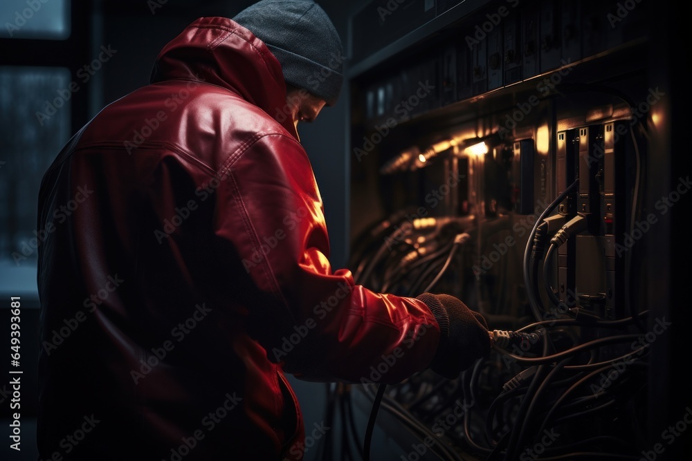 Wall mural a man in a red jacket is seen working on a machine. this image can be used to showcase industrial wo