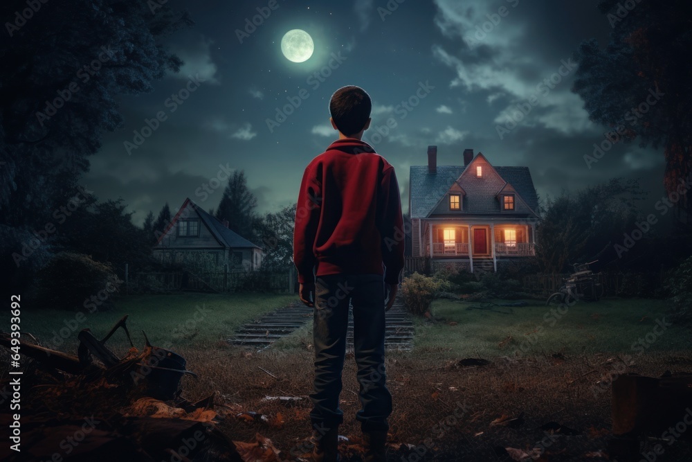 Poster a person standing in front of a house at night. this image can be used to depict a variety of concep