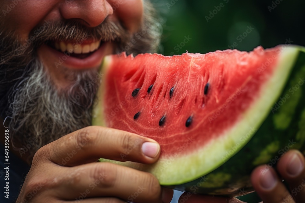 Aufkleber A man with a beard enjoying a refreshing slice of watermelon. Perfect for summer-themed projects or healthy lifestyle concepts.