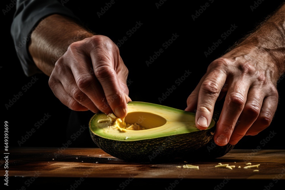 Poster a person is using a knife to cut an avocado. this image can be used for cooking tutorials or healthy