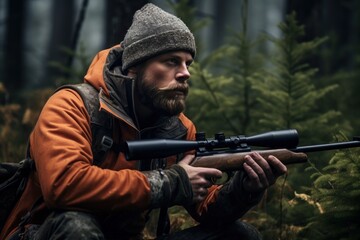 A man wearing an orange jacket is holding a rifle. This image can be used to depict hunting, outdoor activities, or firearm safety.