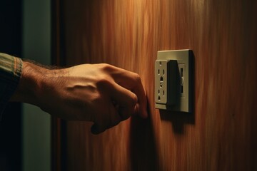 A person's hand is pressing a button on a wooden door. This image can be used to illustrate concepts such as access, security, technology, or home automation.