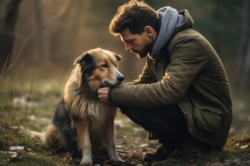 A man is seen kneeling down, gently petting a dog in the tranquil woods. This heartwarming image can be used to depict the bond between humans and animals, or to represent the calming effects of natur