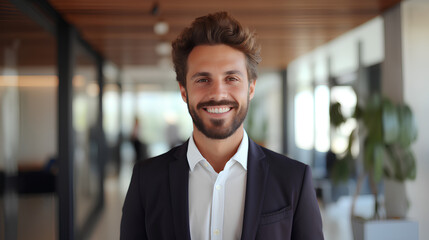 Fototapeta premium Happy young Latin business man looking at camera in office, headshot portrait. Smiling bearded businessman, male entrepreneur, professional employee looking at camera standing at work