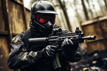 Fototapeta premium A man wearing a gas mask holds a rifle. This image can be used to depict post-apocalyptic scenarios or as a symbol of protection and defense.