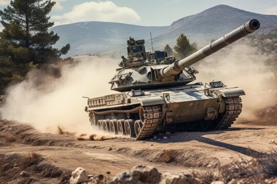 A tank is pictured driving down a dirt road. This image can be used to depict military operations, armored vehicles, or transportation in rugged terrain.