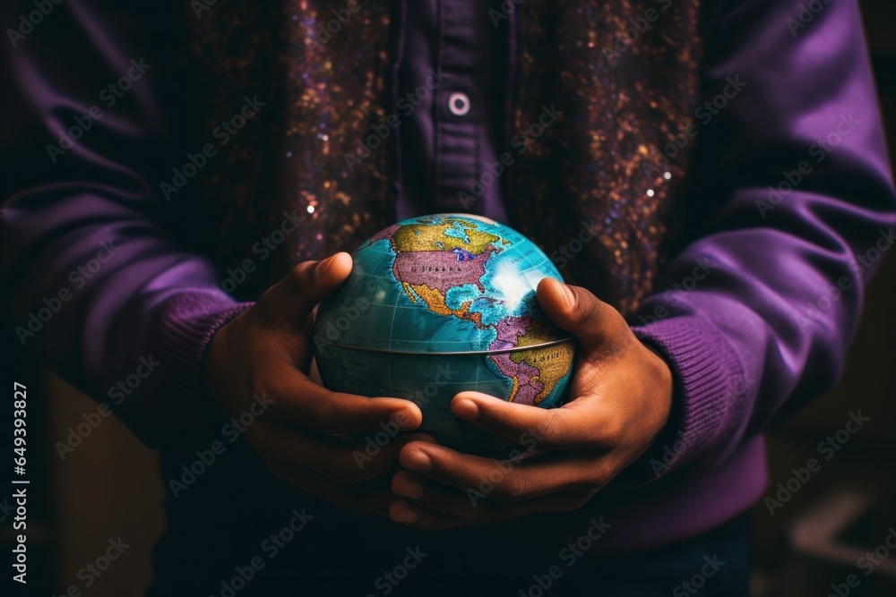 Poster A person holding a small globe in their hands. This image can be used to represent concepts of global connectivity, environmental awareness, education, or travel.