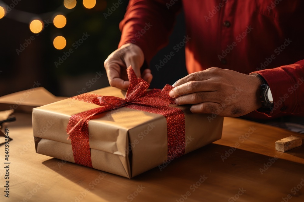 Poster a person is shown wrapping a gift with a red ribbon. this image can be used to depict the act of gif