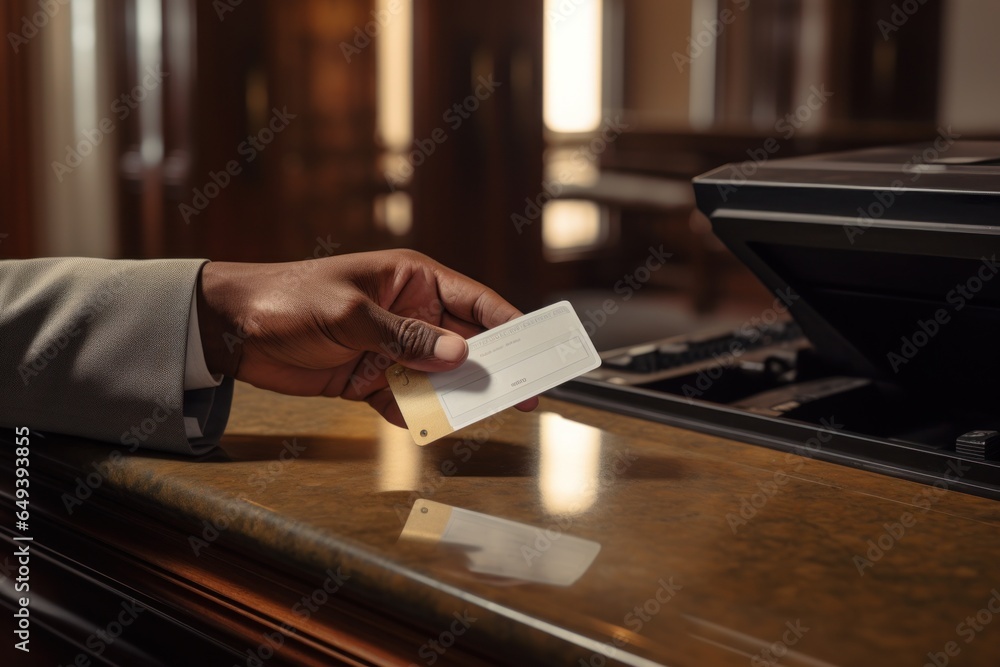 Poster a person is seen holding a business card at a counter. this image can be used to represent networkin